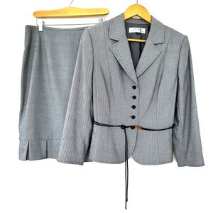 Tahari Gray Belted Blazer and Skirt Set with Black Accents, Tailored, Fitted